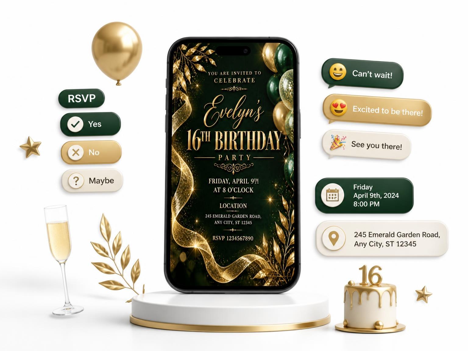 The Emerald and Champagne 16th Birthday Invitation invitation on a phone, with guest RSVPs arriving around it