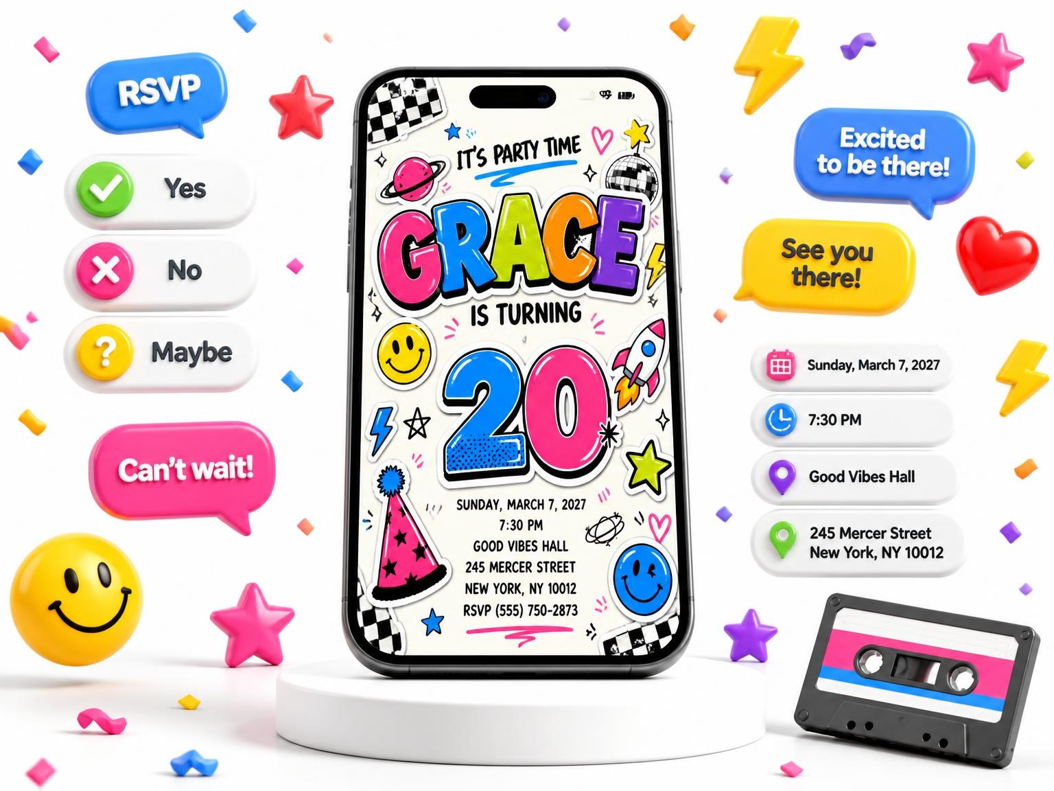 The Sticker Pop 20th Birthday Invitation invitation on a phone, with guest RSVPs arriving around it