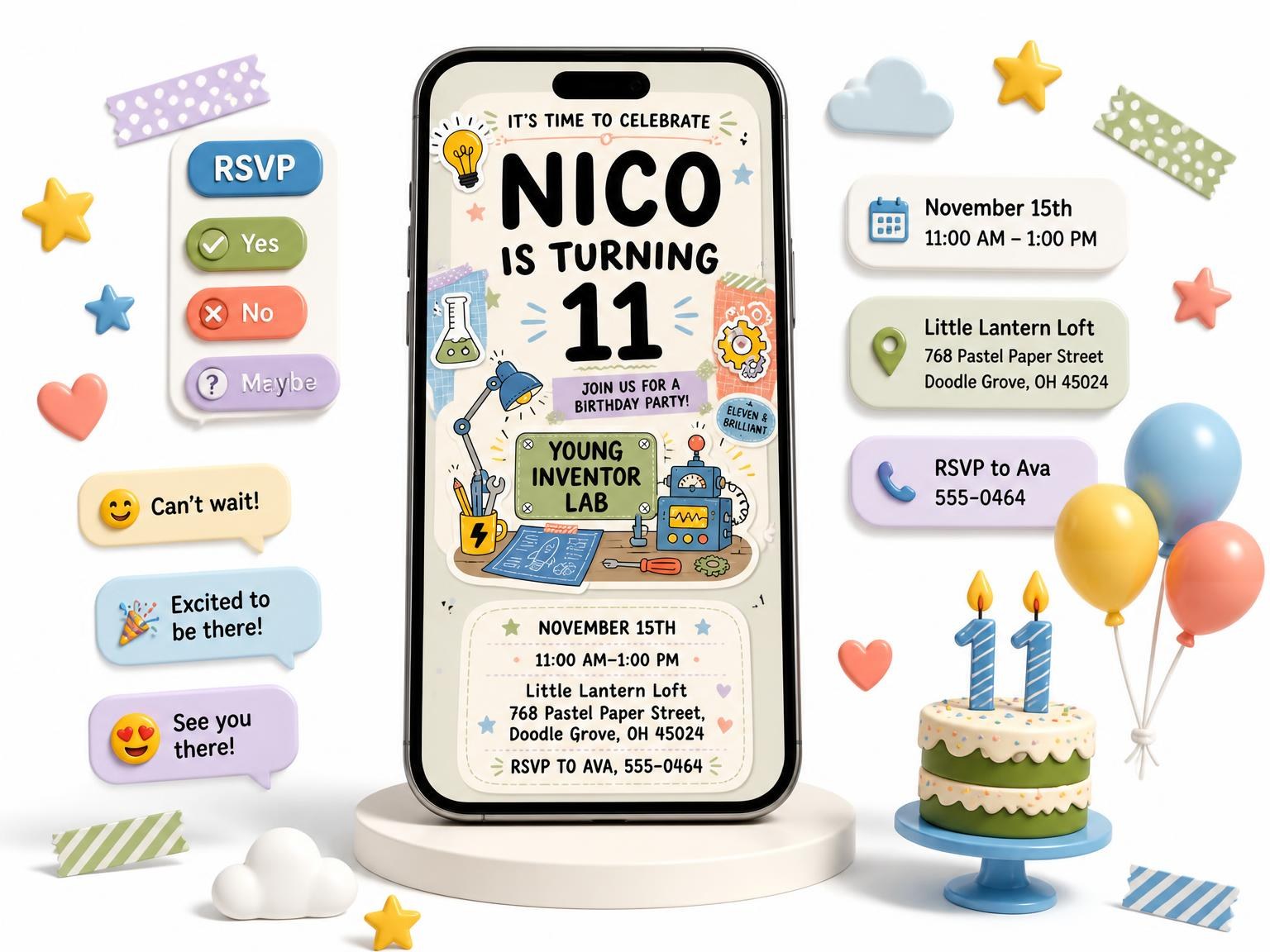 The Lightbulb Pastel 11th Birthday Invitation invitation on a phone, with guest RSVPs arriving around it