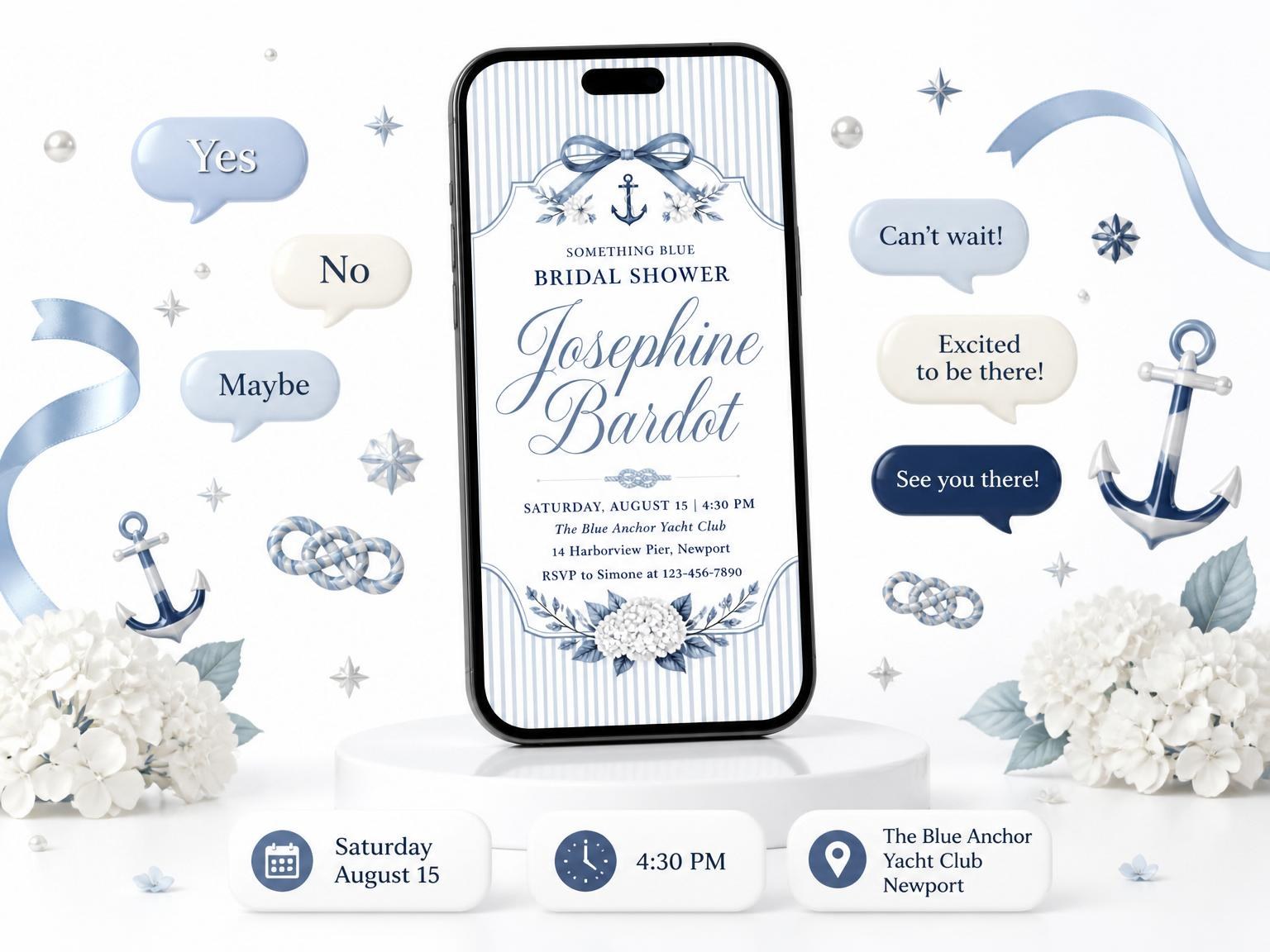 The Blue Pinstripe Nautical Bridal Shower invitation on a phone, with guest RSVPs arriving around it