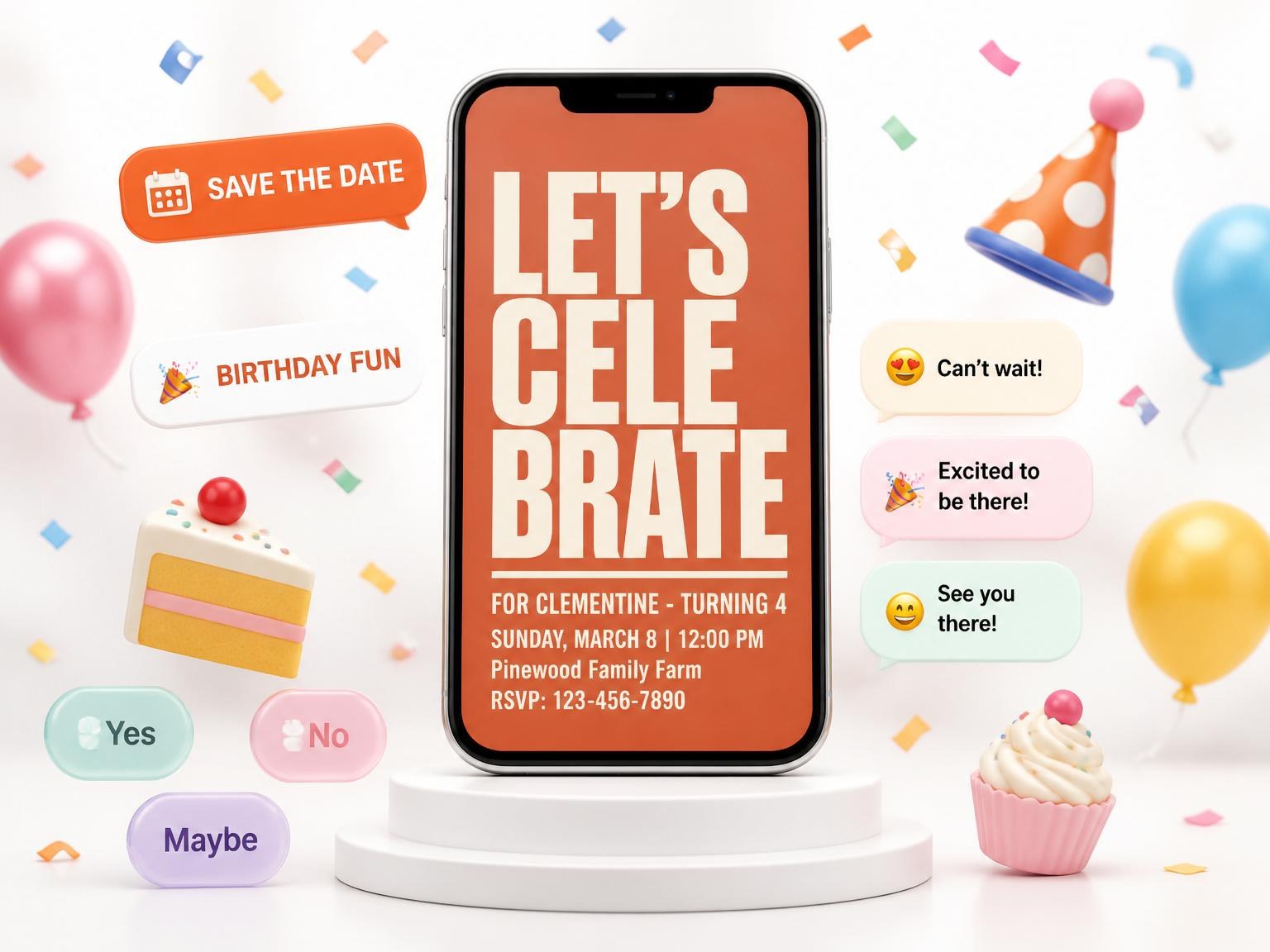 The Burnt Orange 70s Typography Milestone invitation on a phone, with guest RSVPs arriving around it