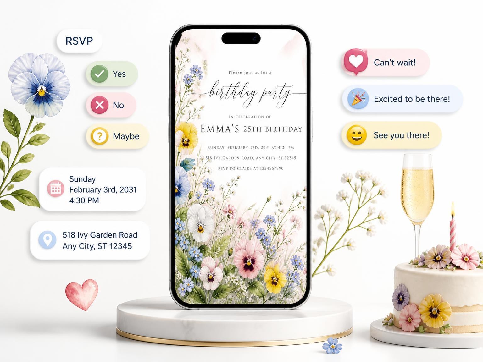 The Spring Wildflower Meadow 25th Birthday Invitation invitation on a phone, with guest RSVPs arriving around it