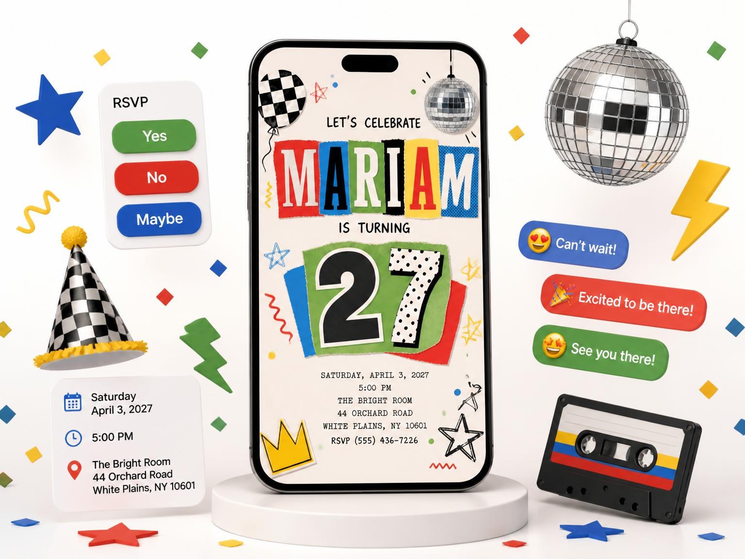 The Retro Paper Collage 27th Birthday Invitation invitation on a phone, with guest RSVPs arriving around it