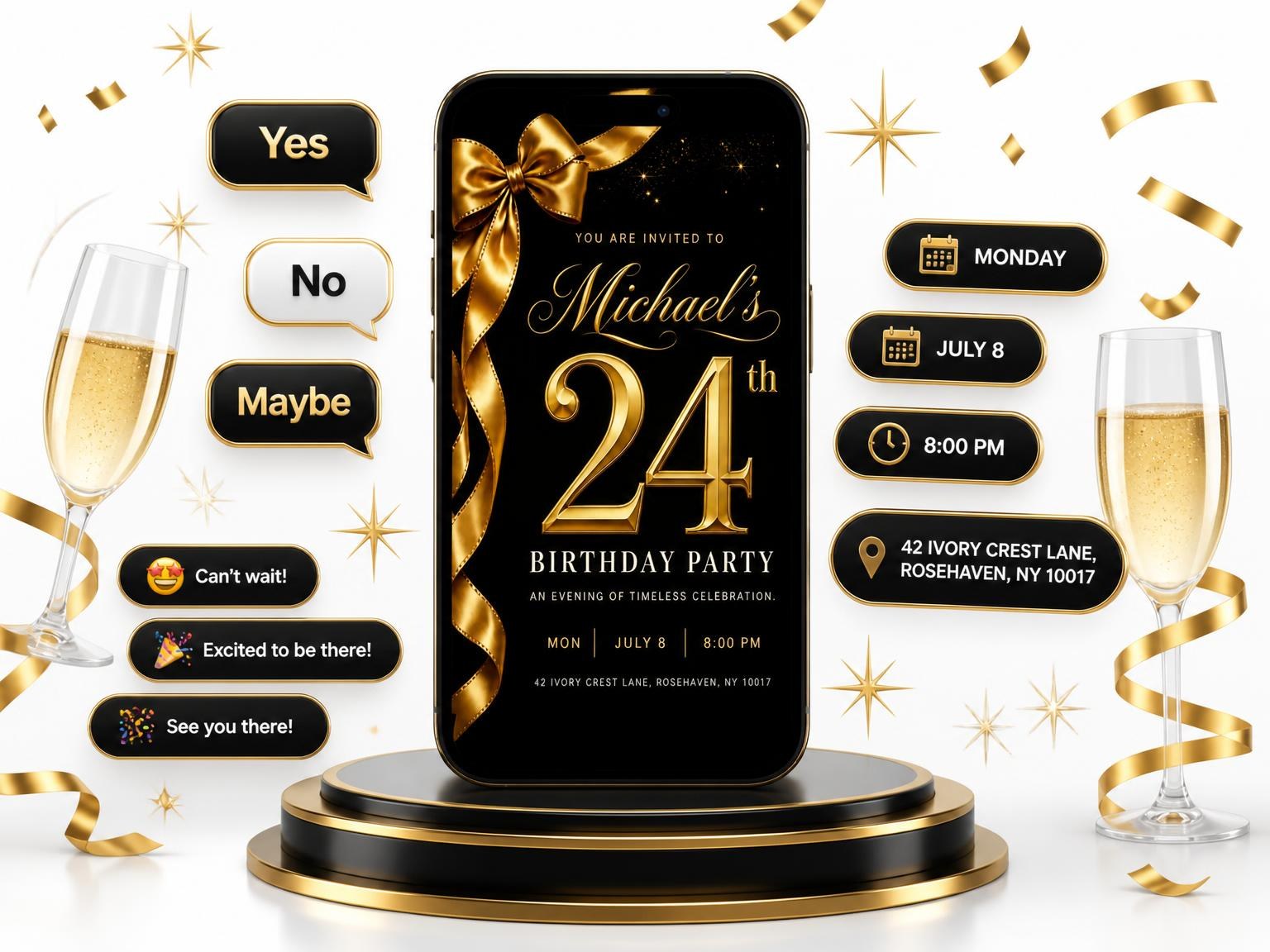 The Black and Gold Ribbon 24th Birthday invitation on a phone, with guest RSVPs arriving around it