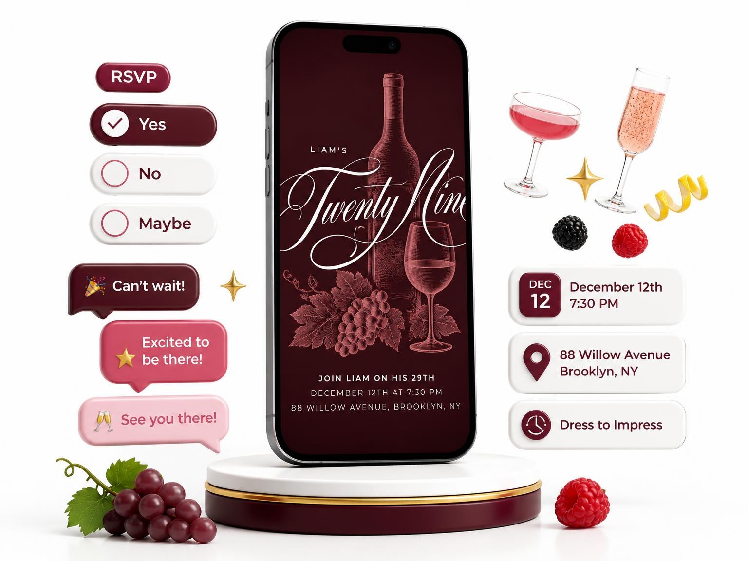 The Burgundy Cocktail 29th Birthday Invitation invitation on a phone, with guest RSVPs arriving around it