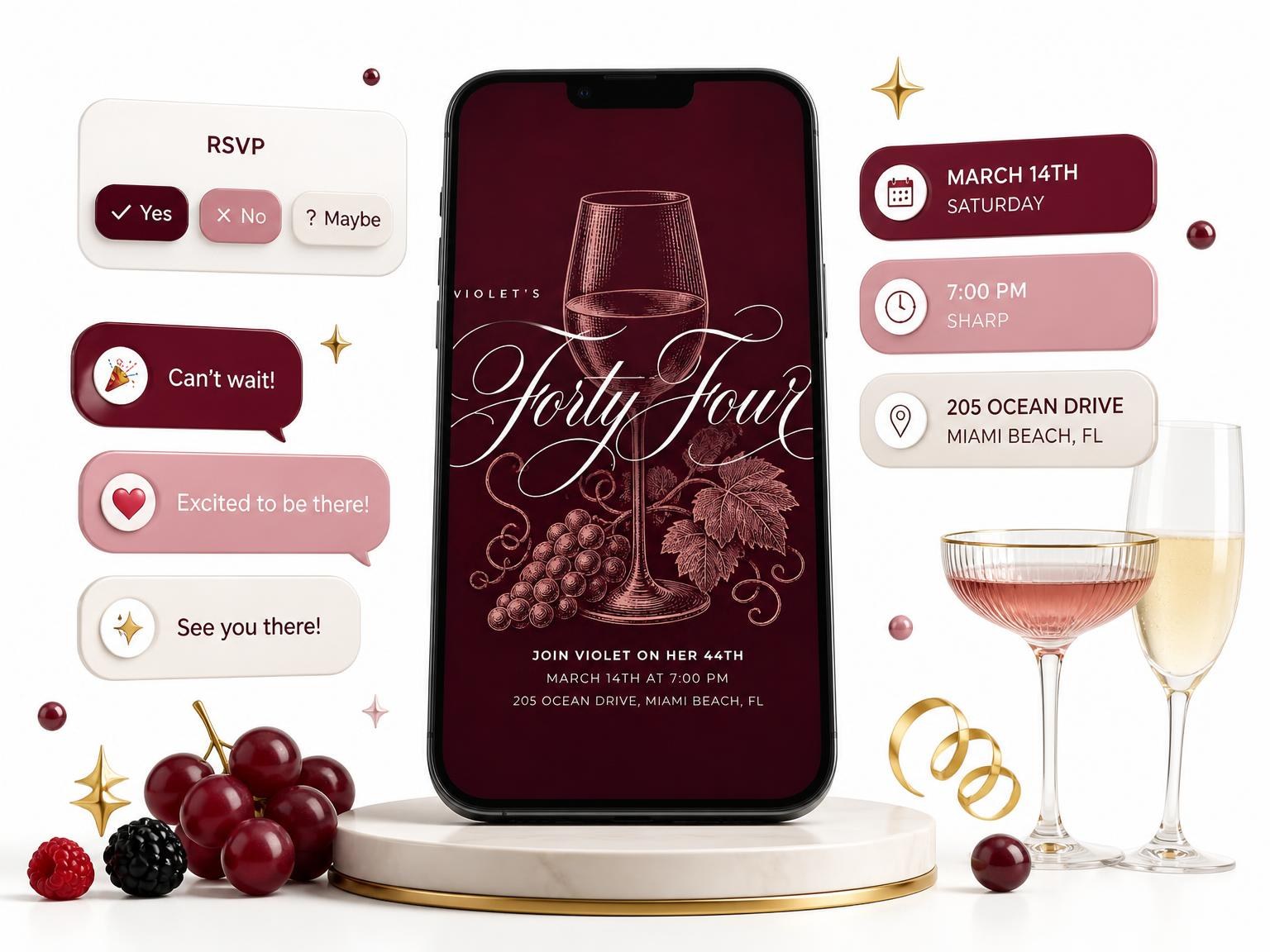 The Burgundy Cocktail 44th Birthday Invitation invitation on a phone, with guest RSVPs arriving around it