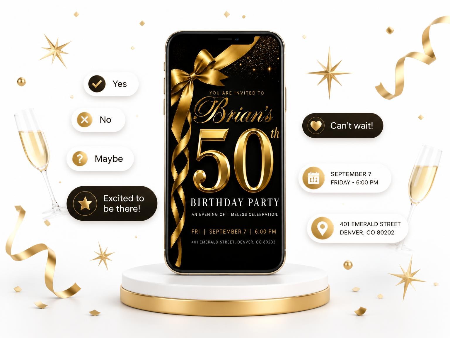 The Black and Gold Ribbon 50th Birthday invitation on a phone, with guest RSVPs arriving around it