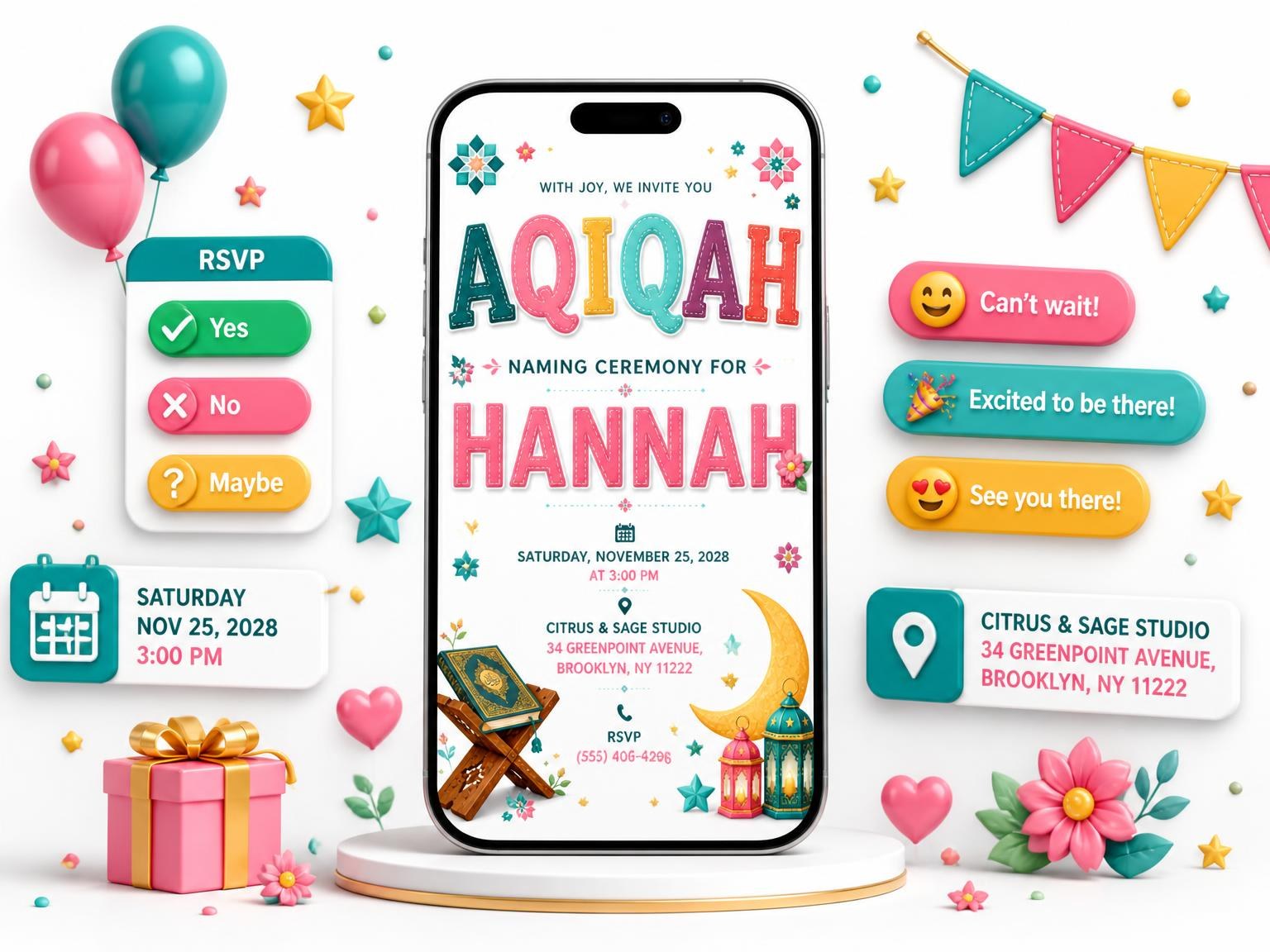 The Holy Quran Aqiqah / Naming Ceremony Invitation invitation on a phone, with guest RSVPs arriving around it