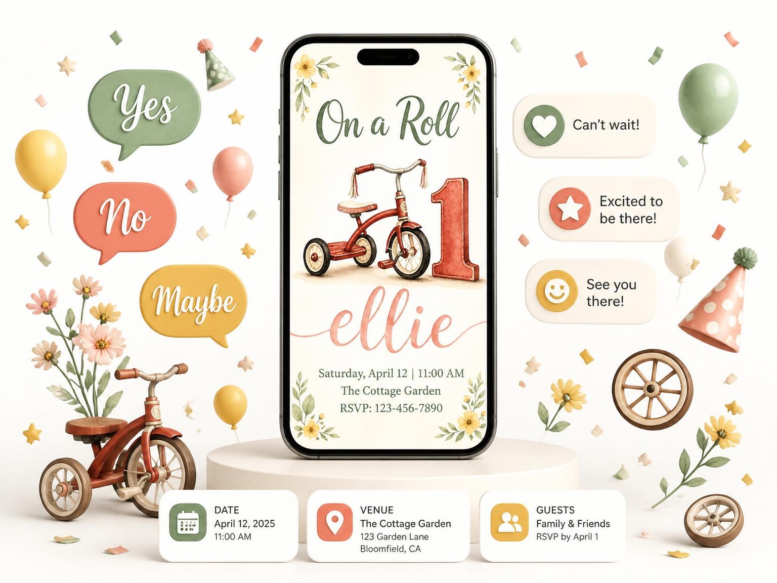The Vintage Tricycle Floral First Birthday invitation on a phone, with guest RSVPs arriving around it
