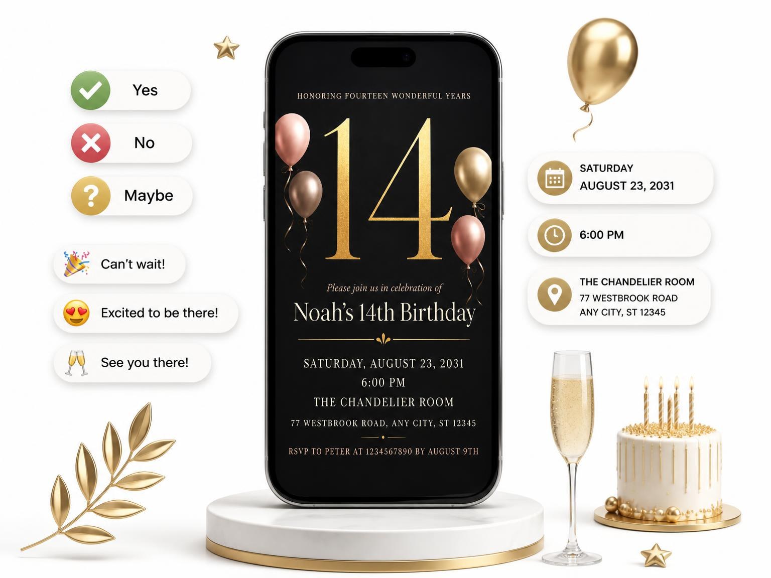 The Charcoal and Blush 14th Birthday Invitation invitation on a phone, with guest RSVPs arriving around it