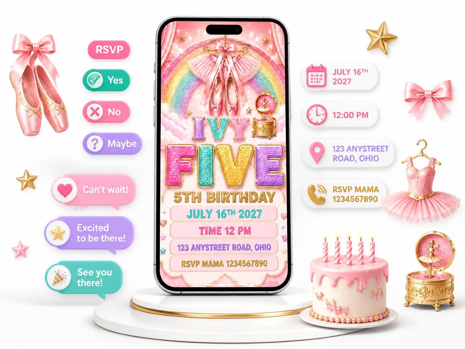 The Glitter Ballet 5th Birthday Invitation invitation on a phone, with guest RSVPs arriving around it