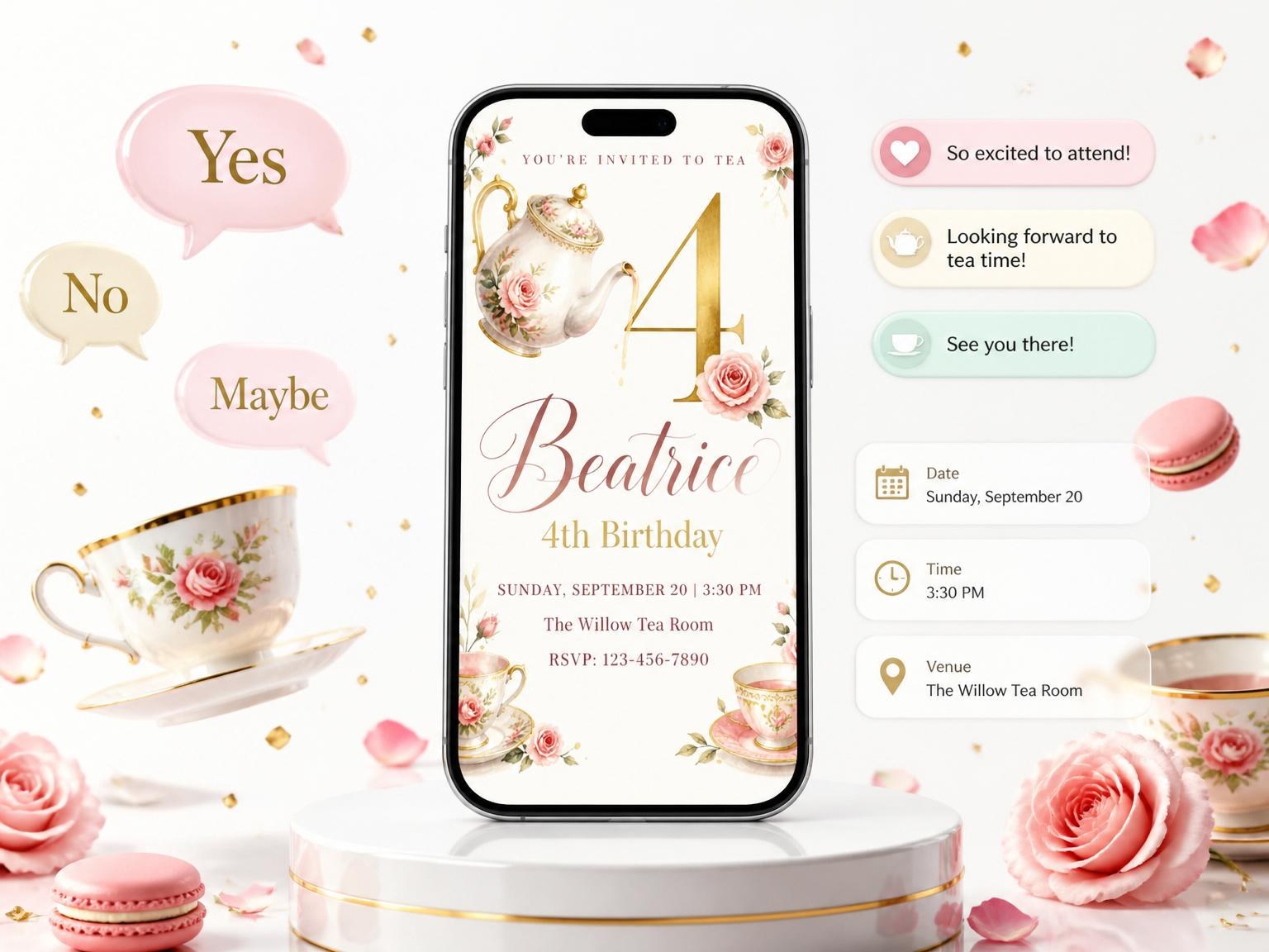 The Watercolor Rose Tea Party 4th Birthday invitation on a phone, with guest RSVPs arriving around it