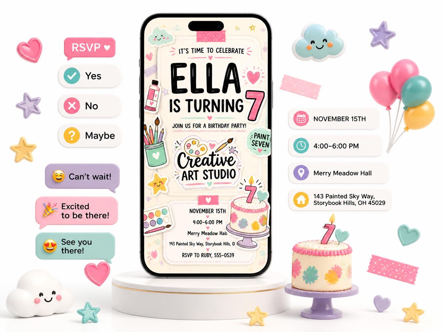 The Pastel Paint Supplies 7th Birthday Invitation invitation on a phone, with guest RSVPs arriving around it