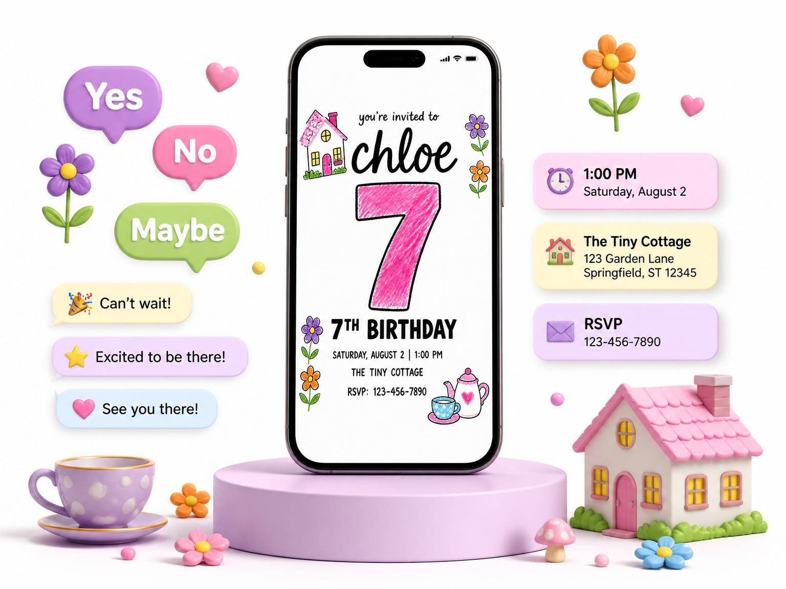 The Crayon Drawing Cottage Tea Party 7th Birthday invitation on a phone, with guest RSVPs arriving around it