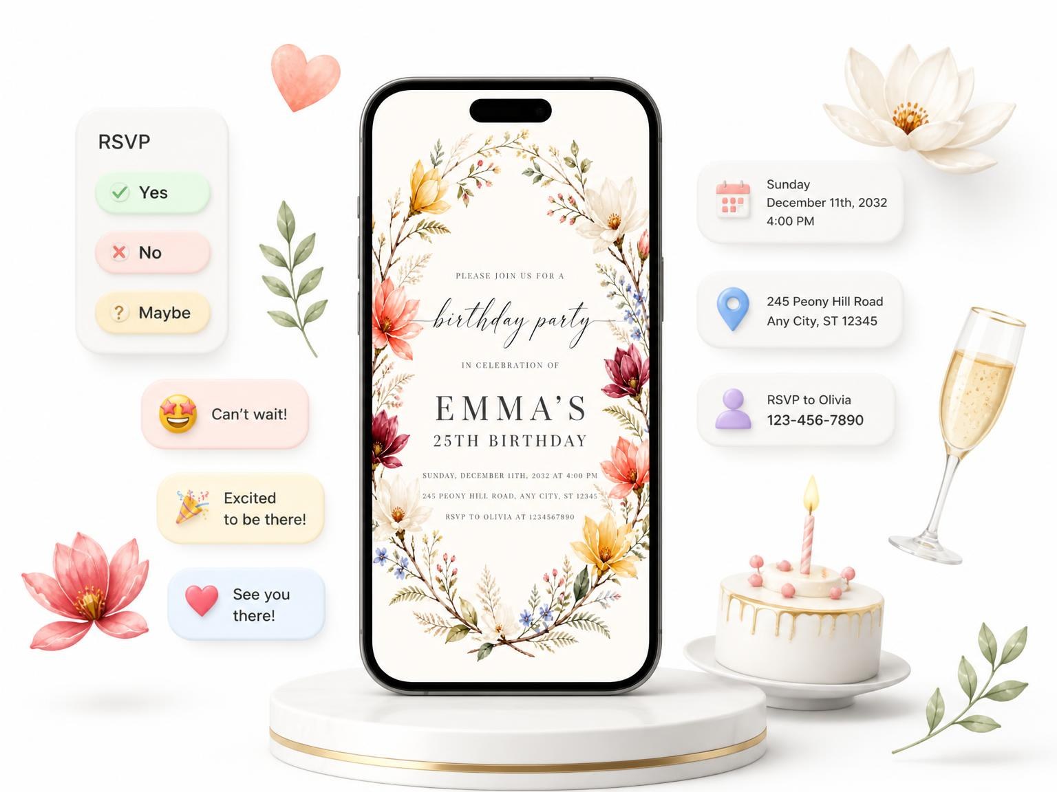 The Golden Watercolor Floral Wreath 25th Birthday Invitation invitation on a phone, with guest RSVPs arriving around it