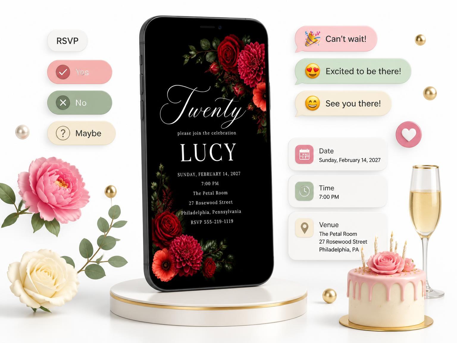 The Black Floral 20th Birthday Invitation invitation on a phone, with guest RSVPs arriving around it