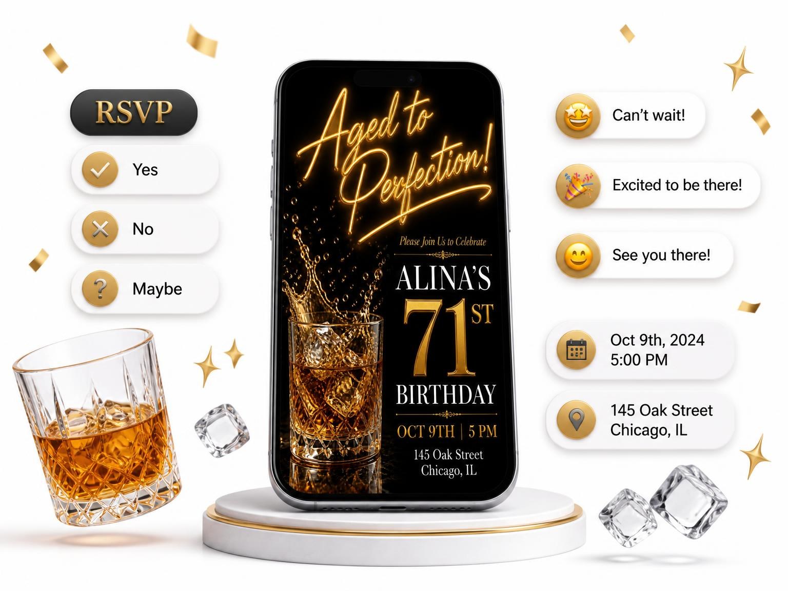 The Whiskey Tumbler 71st Birthday Invitation invitation on a phone, with guest RSVPs arriving around it