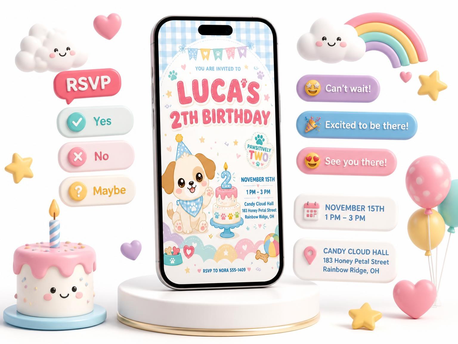 The Pastel Puppy 2nd Birthday Invitation invitation on a phone, with guest RSVPs arriving around it