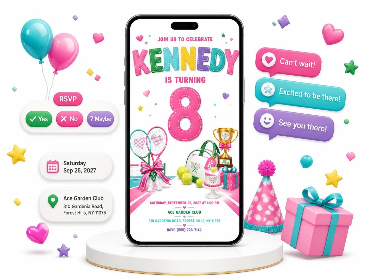 The Tennis Racquet 8th Birthday Invitation invitation on a phone, with guest RSVPs arriving around it