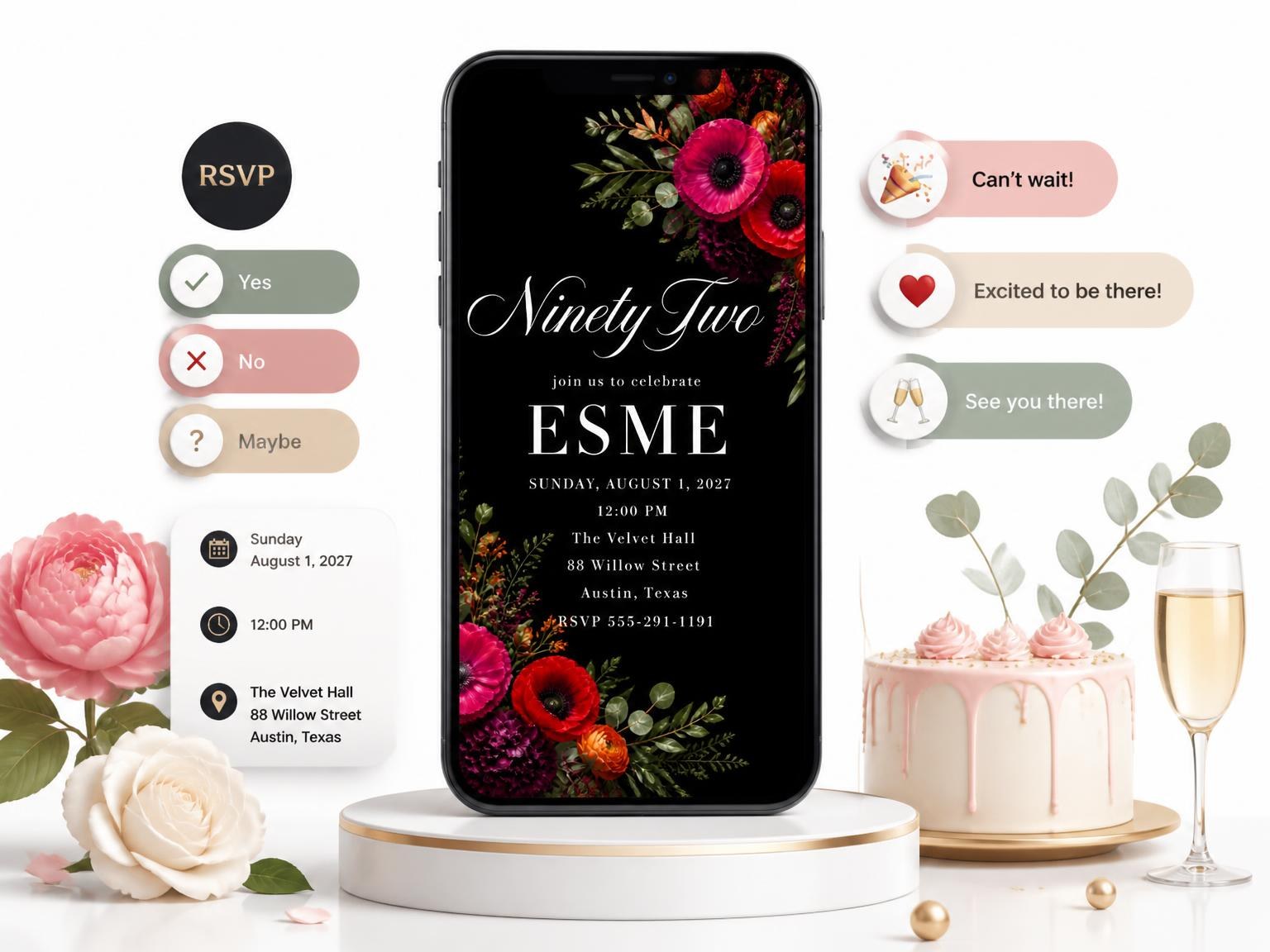 The Black Floral 92nd Birthday Invitation invitation on a phone, with guest RSVPs arriving around it