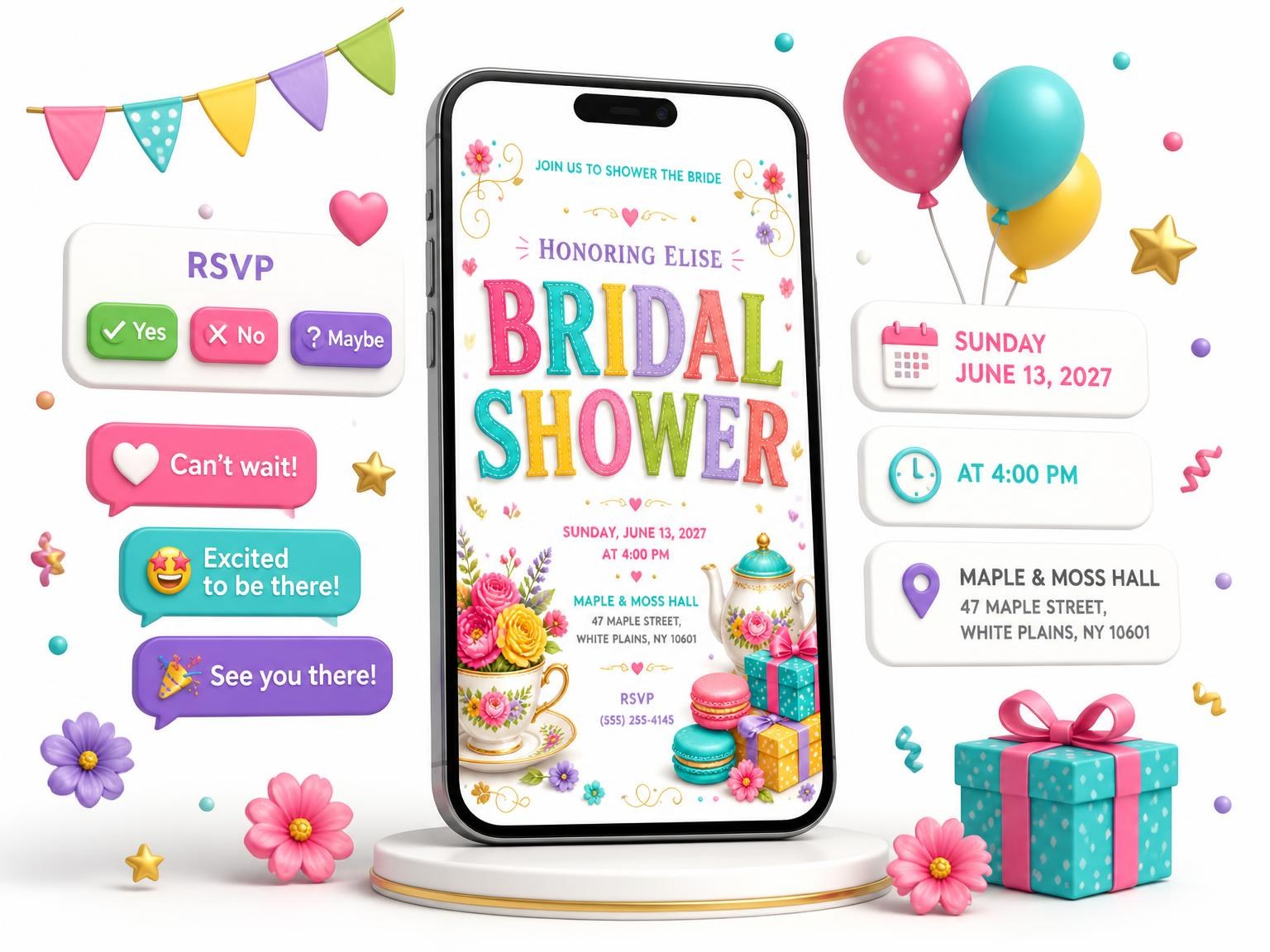 The Vintage Floral Bridal Shower Invitation invitation on a phone, with guest RSVPs arriving around it
