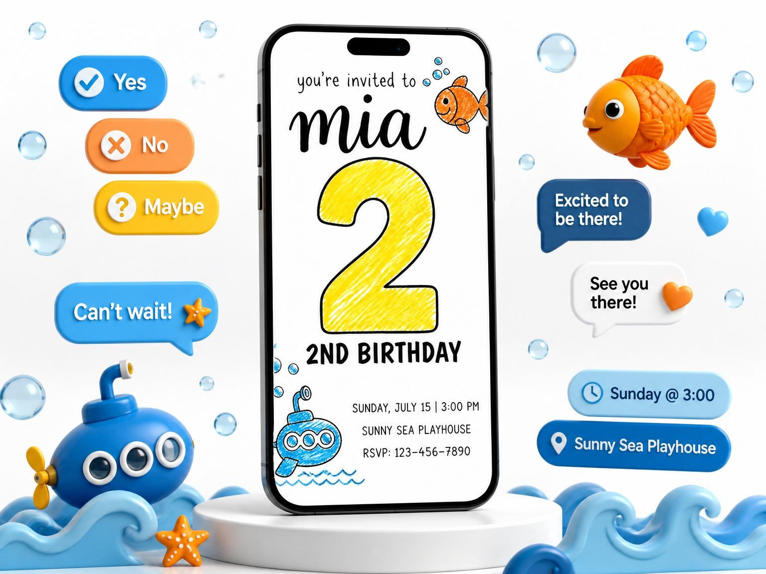 The Crayon Submarine Underwater 2nd Birthday invitation on a phone, with guest RSVPs arriving around it