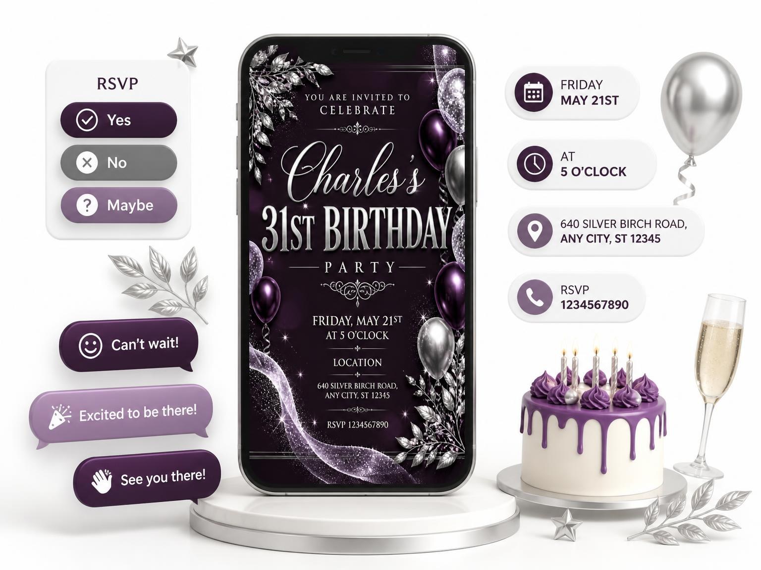The Plum and Silver 31st Birthday Invitation invitation on a phone, with guest RSVPs arriving around it