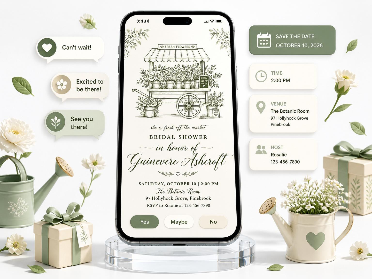 The Olive Green Floral Market Bridal Shower invitation on a phone, with guest RSVPs arriving around it