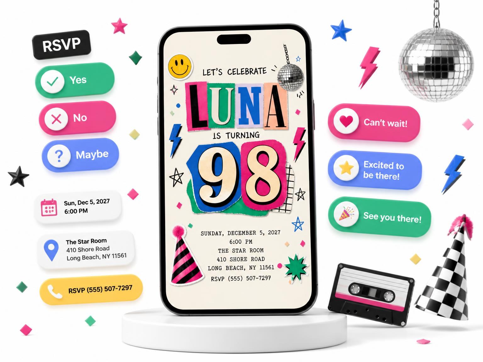 The Retro Paper Collage 98th Birthday Invitation invitation on a phone, with guest RSVPs arriving around it