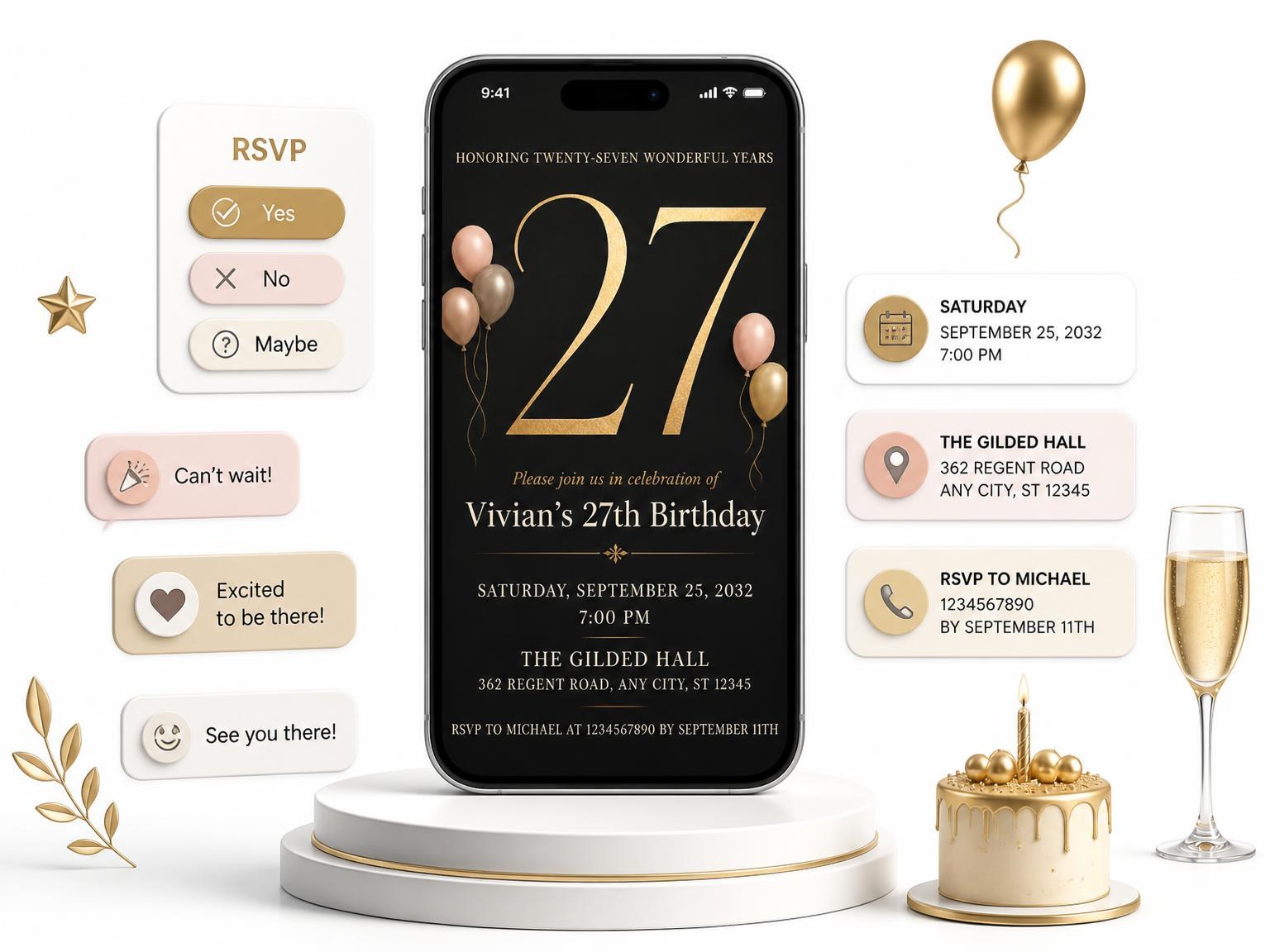The Charcoal and Blush 27th Birthday Invitation invitation on a phone, with guest RSVPs arriving around it