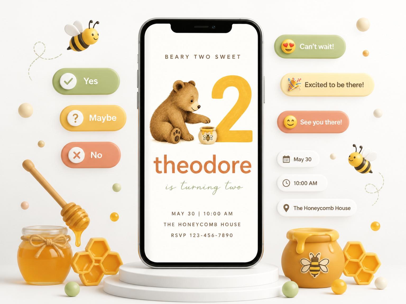 The Watercolor Bear Honey Pot 2nd Birthday invitation on a phone, with guest RSVPs arriving around it