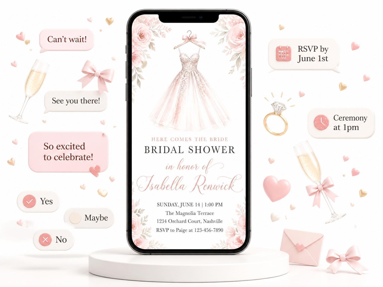 The Dusty Rose Watercolor Dress Bridal Shower invitation on a phone, with guest RSVPs arriving around it