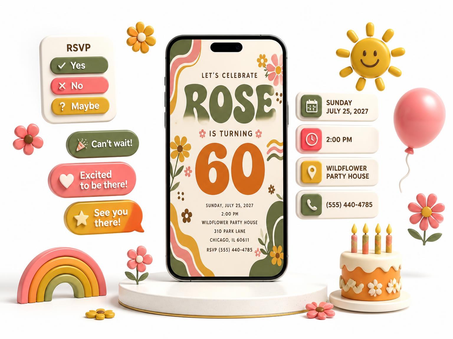 The Groovy Retro 60th Birthday Invitation invitation on a phone, with guest RSVPs arriving around it