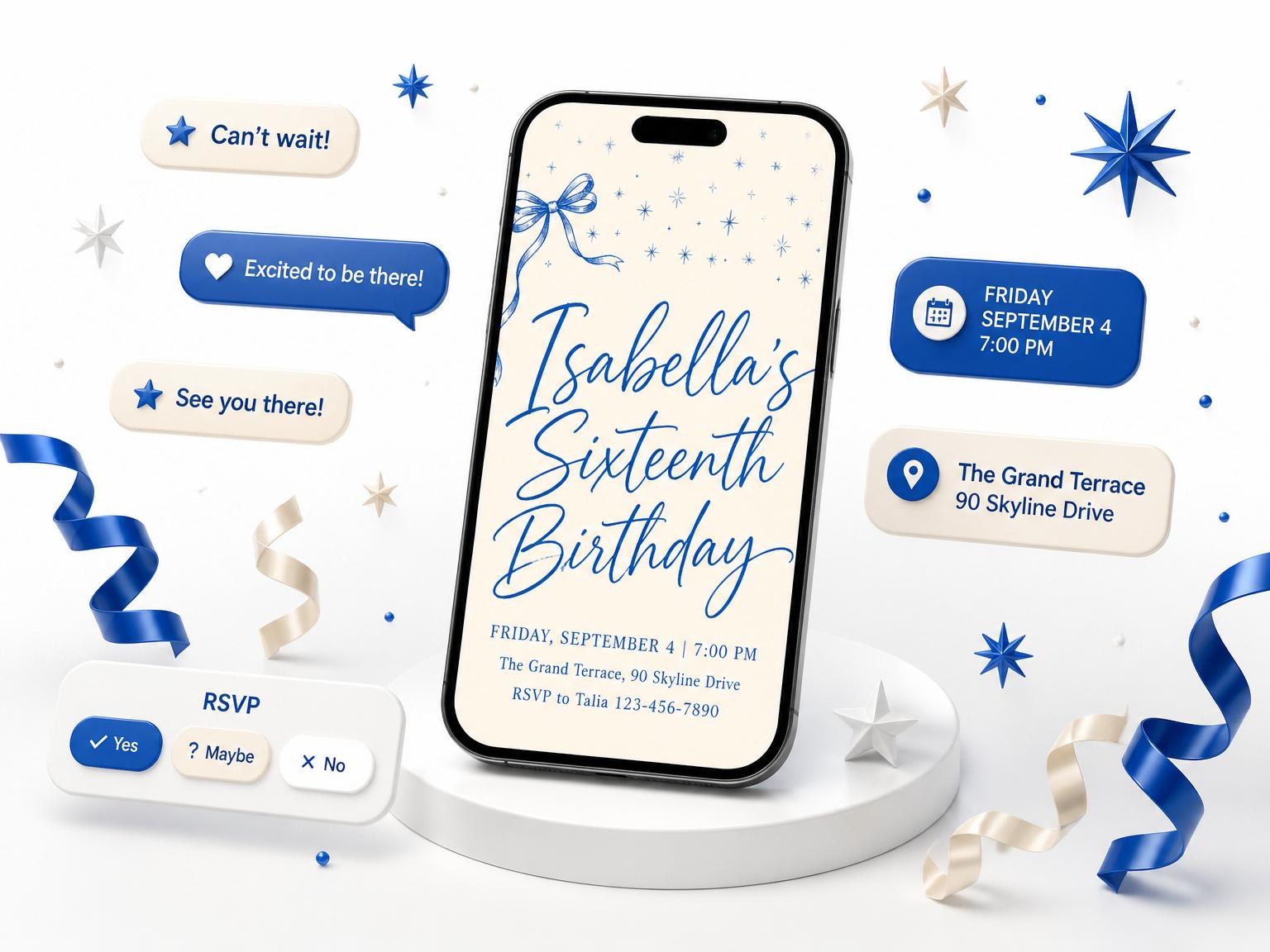 The Blue Ribbon Star Sweet Sixteen Birthday invitation on a phone, with guest RSVPs arriving around it