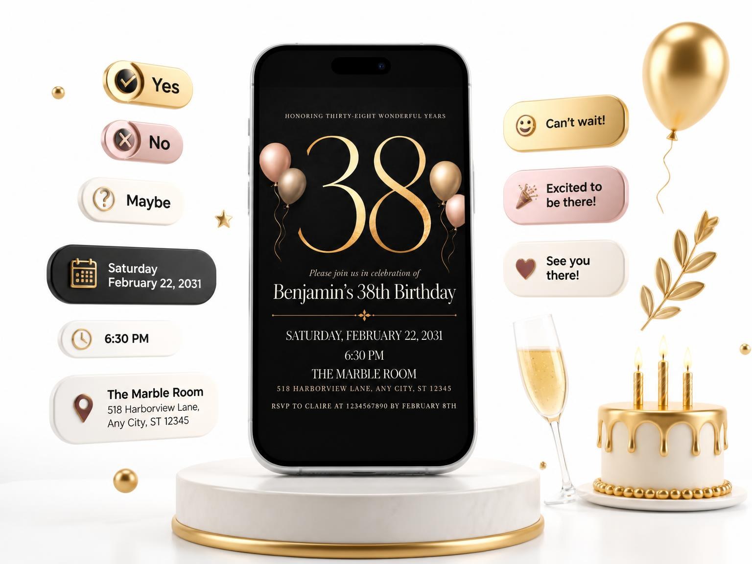 The Charcoal and Blush 38th Birthday Invitation invitation on a phone, with guest RSVPs arriving around it