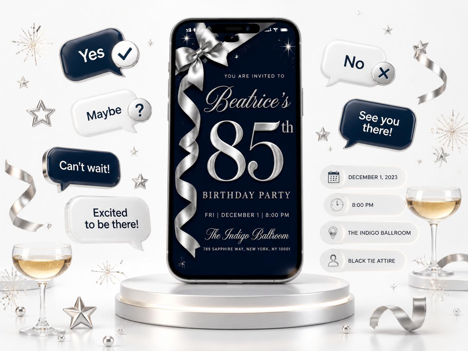 The Indigo Silver Ribbon 85th Birthday invitation on a phone, with guest RSVPs arriving around it