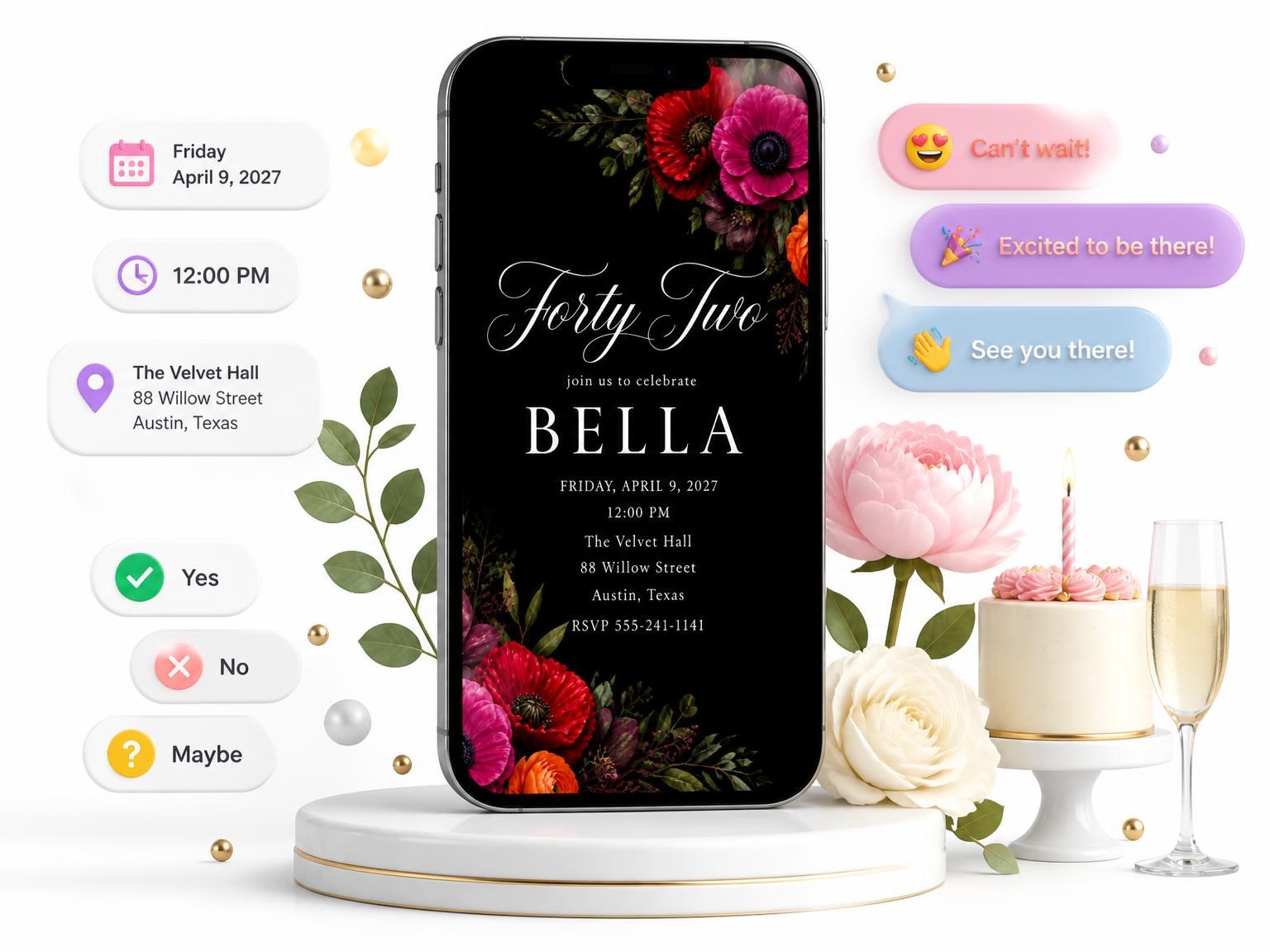 The Black Floral 42nd Birthday Invitation invitation on a phone, with guest RSVPs arriving around it