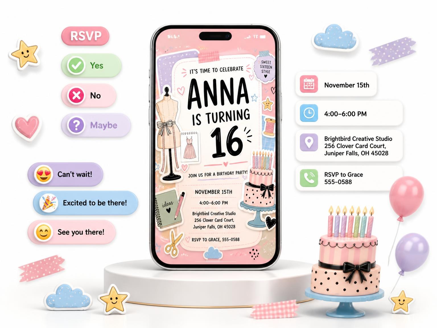 The Tailor Mannequin 16th Birthday Invitation invitation on a phone, with guest RSVPs arriving around it