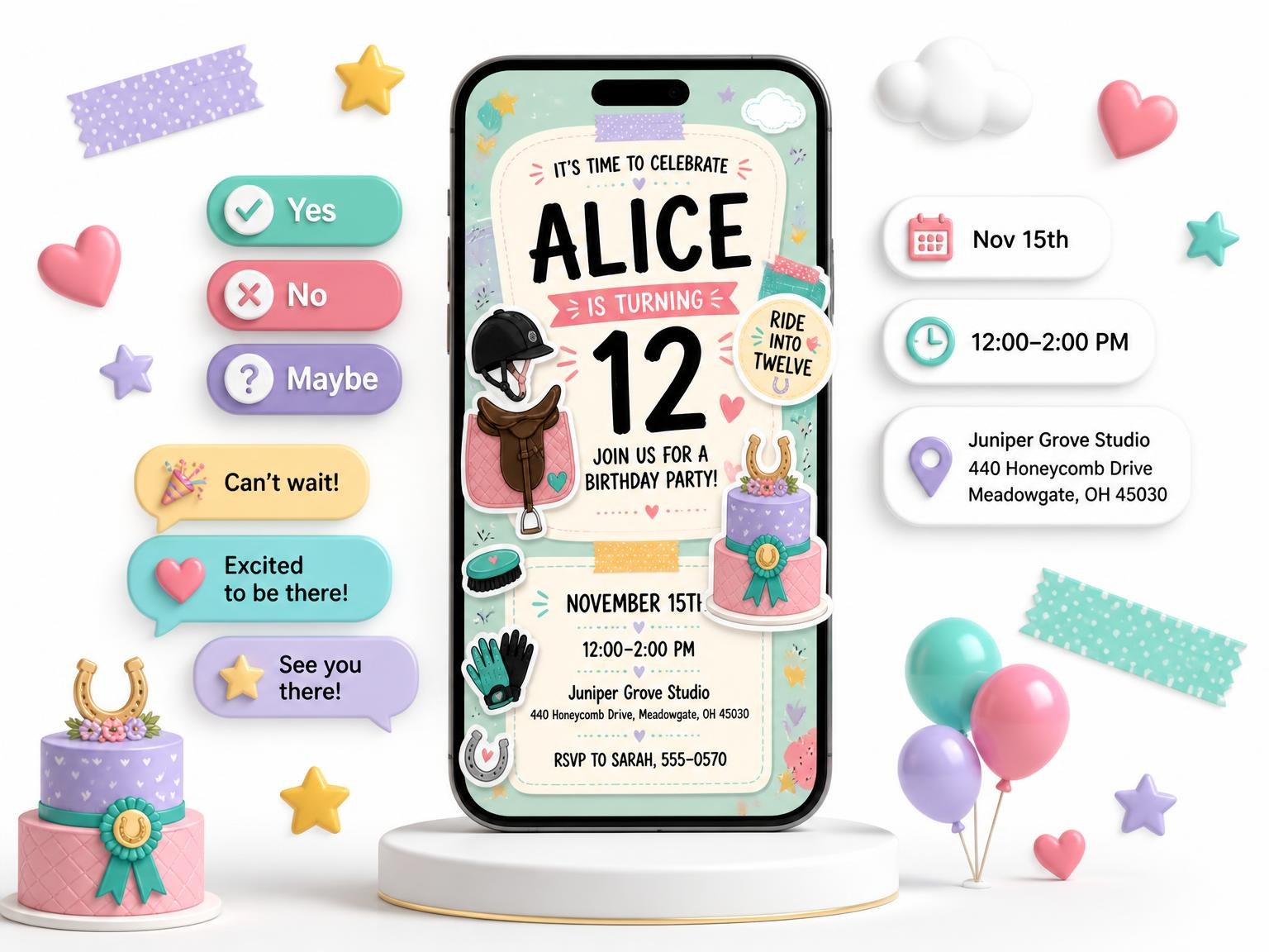The Riding Helmet Pastel 12th Birthday Invitation invitation on a phone, with guest RSVPs arriving around it