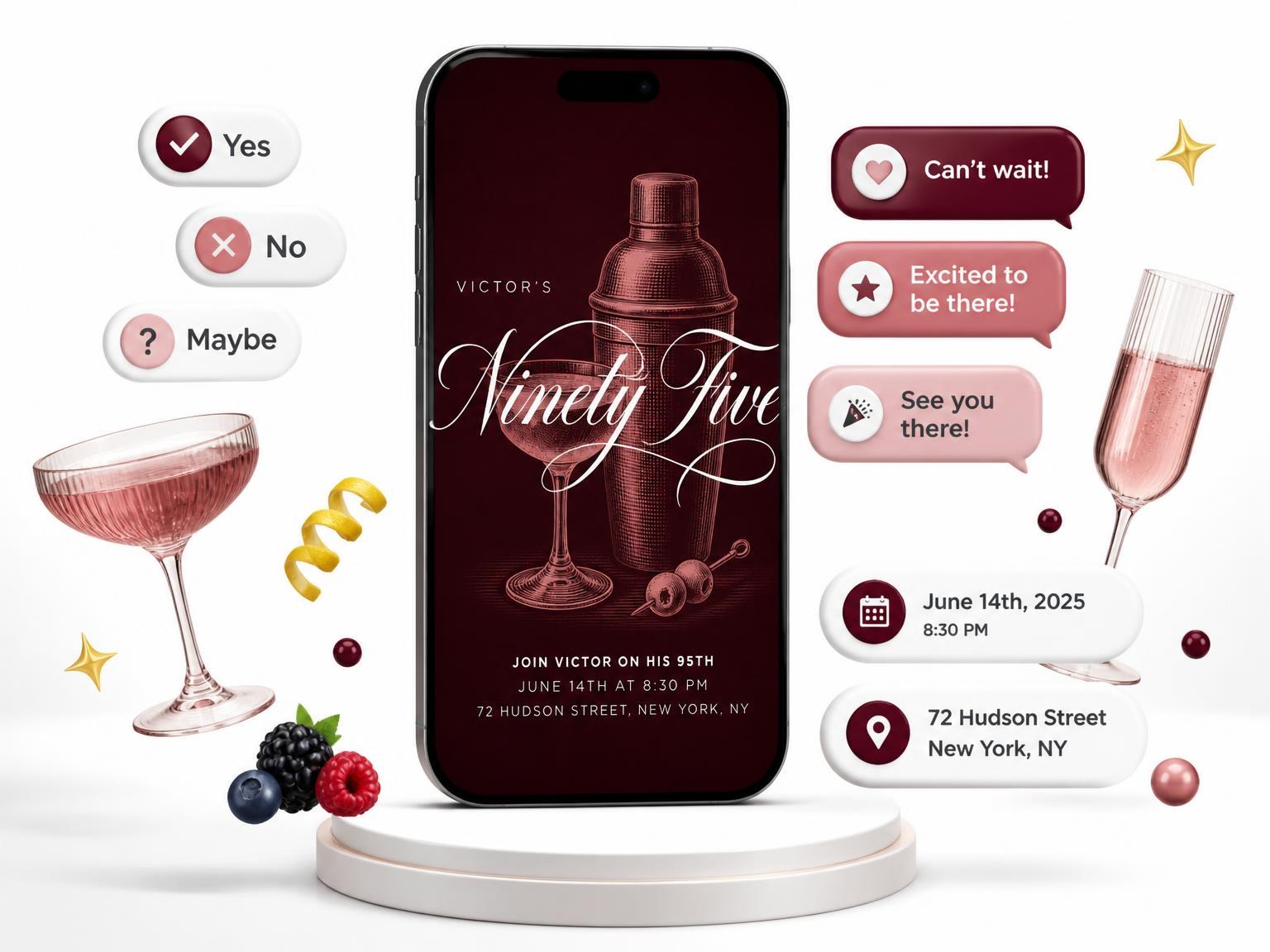 The Burgundy Cocktail 95th Birthday Invitation invitation on a phone, with guest RSVPs arriving around it