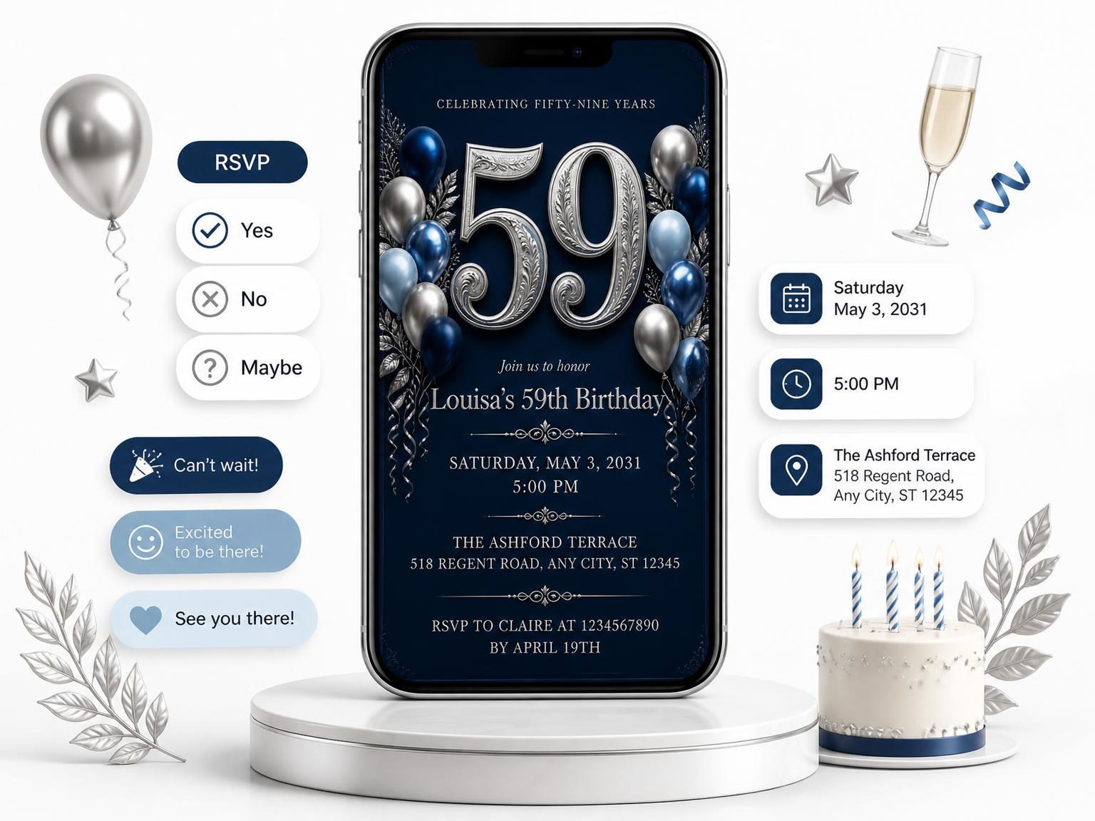 The Navy and Silver 59th Birthday Invitation invitation on a phone, with guest RSVPs arriving around it