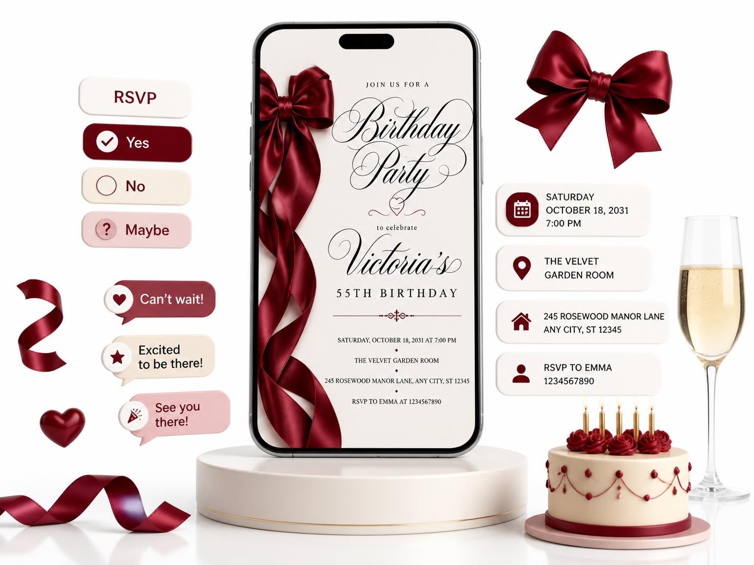 The Burgundy Satin Bow 55th Birthday Invitation invitation on a phone, with guest RSVPs arriving around it