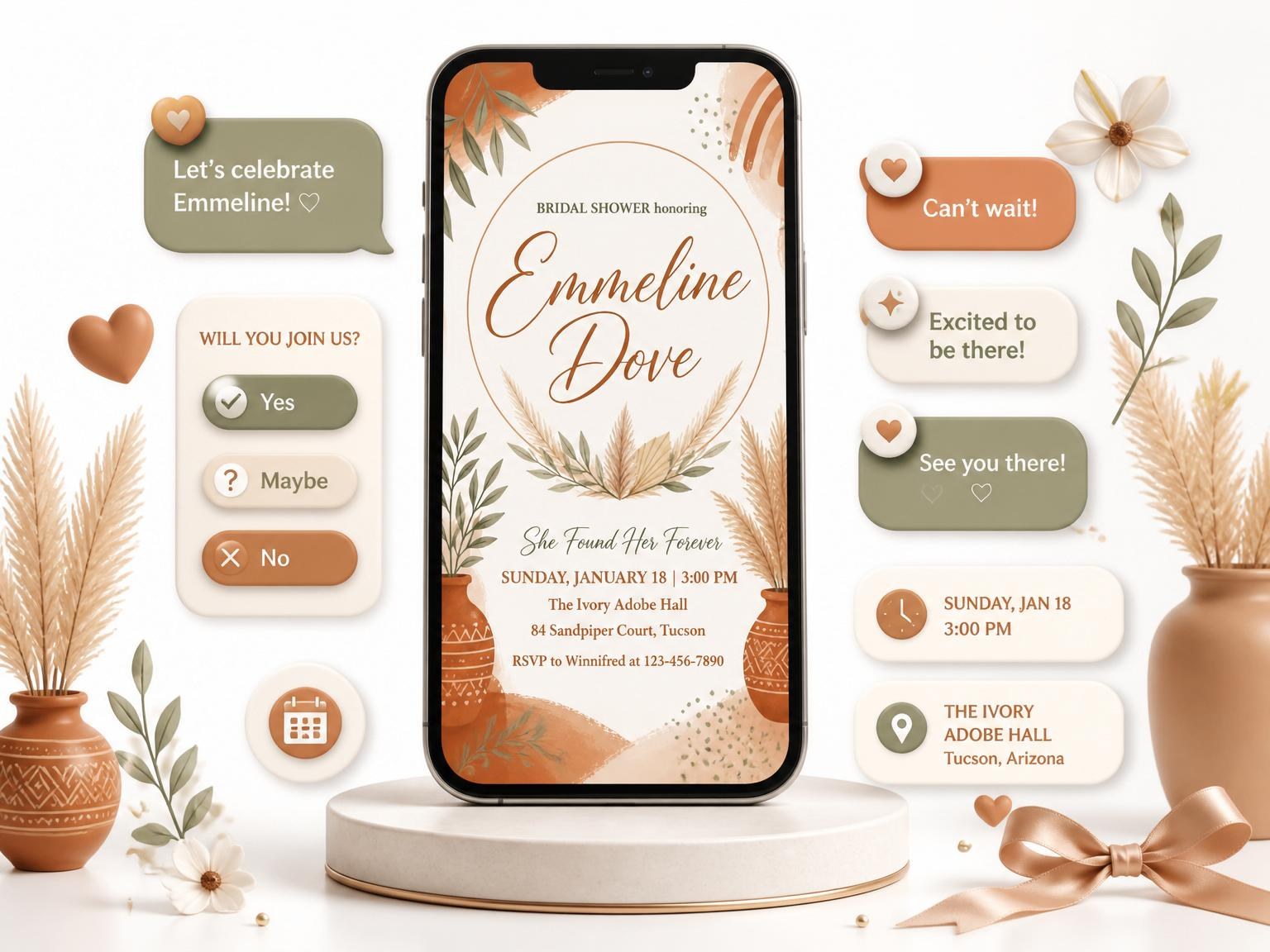 The Terracotta Pampas Grass Bridal Shower invitation on a phone, with guest RSVPs arriving around it
