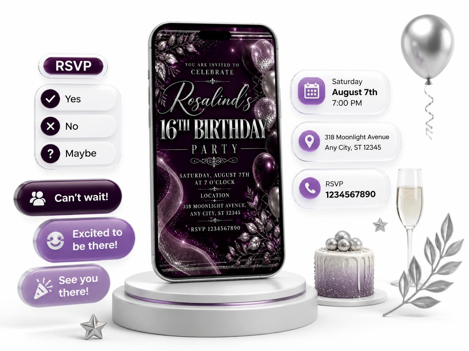 The Plum and Silver 16th Birthday Invitation invitation on a phone, with guest RSVPs arriving around it