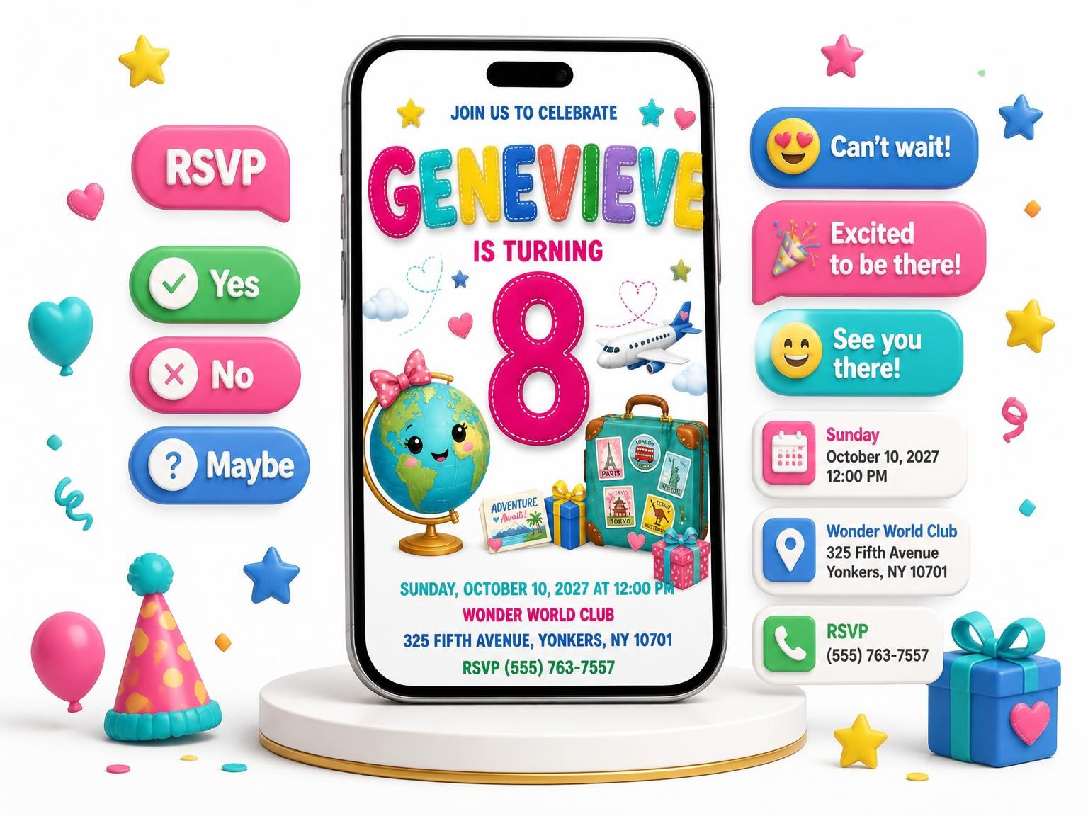 The Travel Suitcase 8th Birthday Invitation invitation on a phone, with guest RSVPs arriving around it