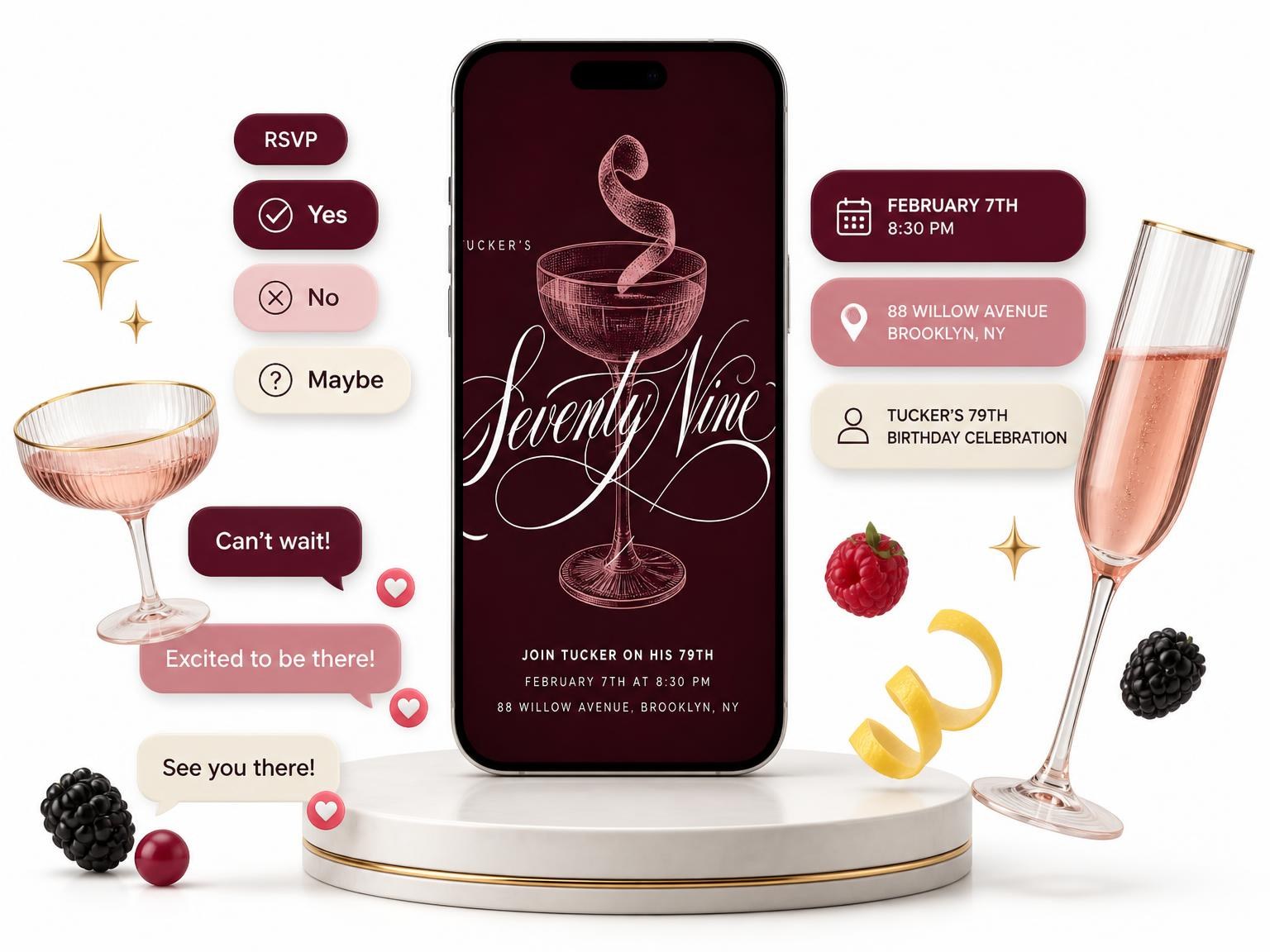The Burgundy Cocktail 79th Birthday Invitation invitation on a phone, with guest RSVPs arriving around it