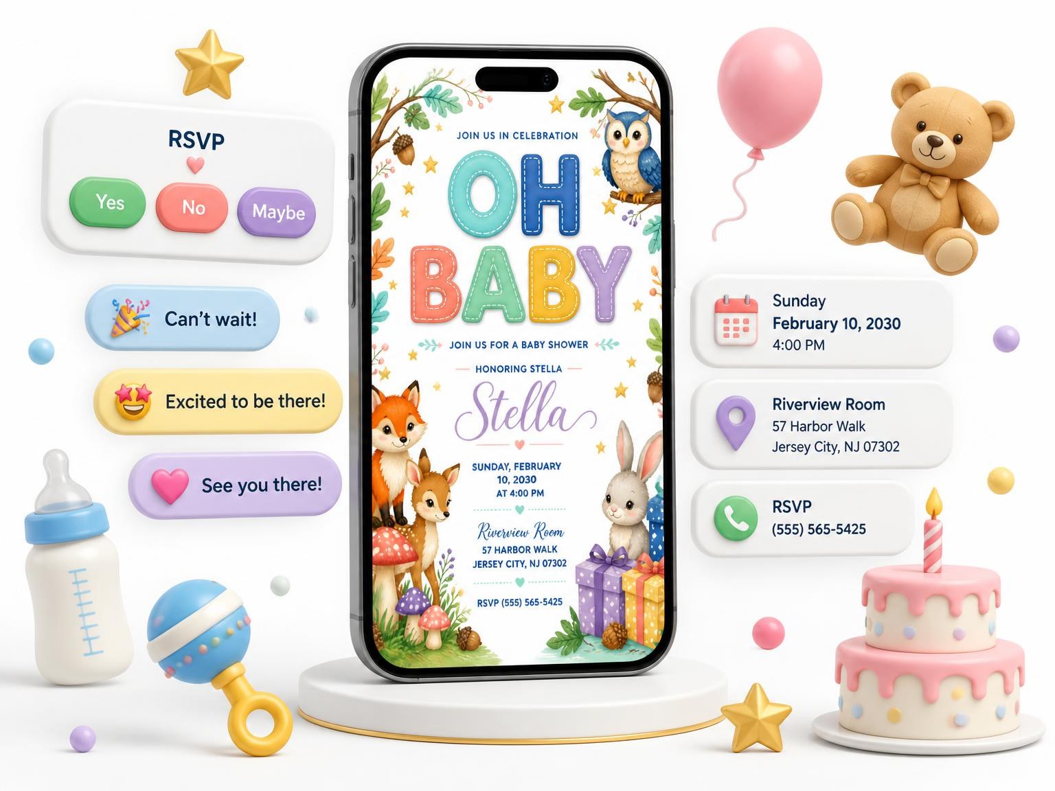 The Woodland Branch Baby Shower Invitation invitation on a phone, with guest RSVPs arriving around it