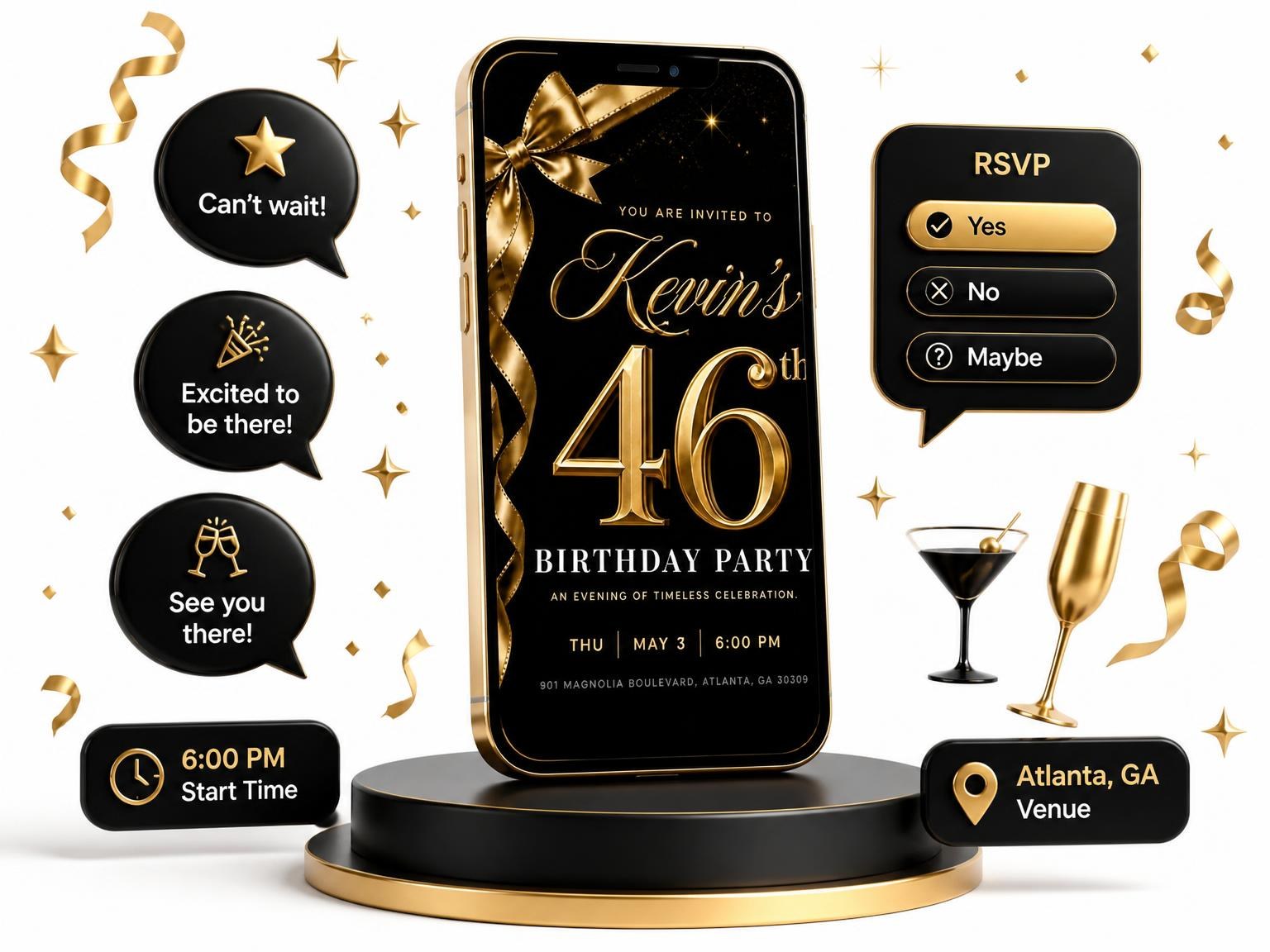 The Black and Gold Ribbon 46th Birthday Invitation invitation on a phone, with guest RSVPs arriving around it
