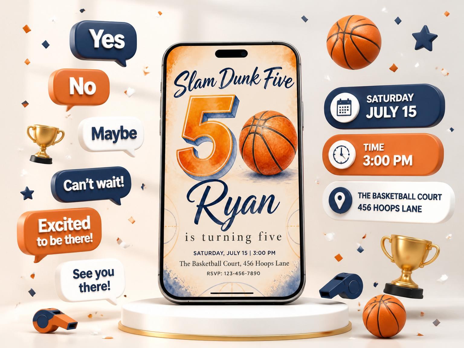 The Watercolor Basketball Court 5th Birthday invitation on a phone, with guest RSVPs arriving around it