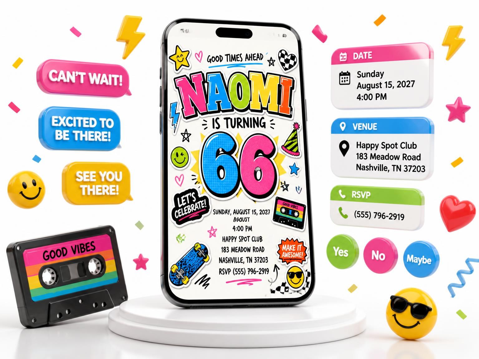 The Sticker Pop 66th Birthday Invitation invitation on a phone, with guest RSVPs arriving around it